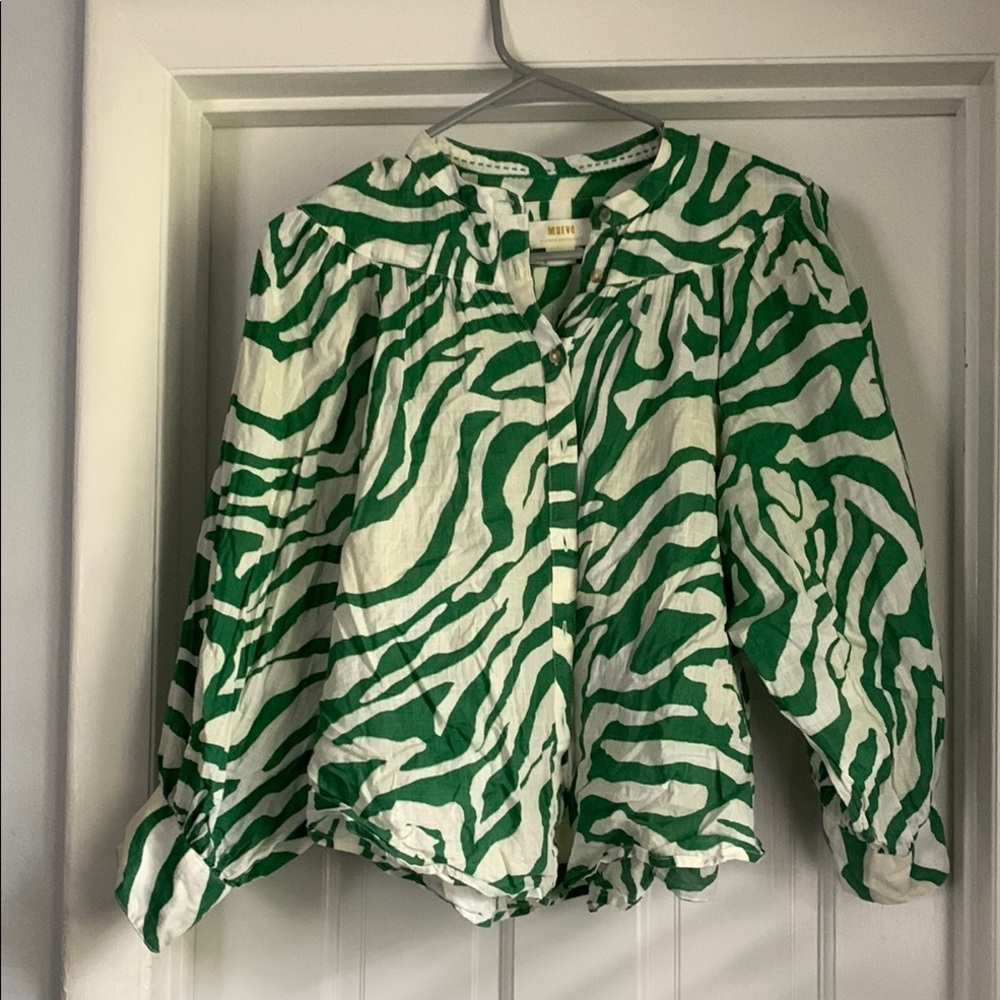 Anthropologie Green and White Zebra Print Blouse